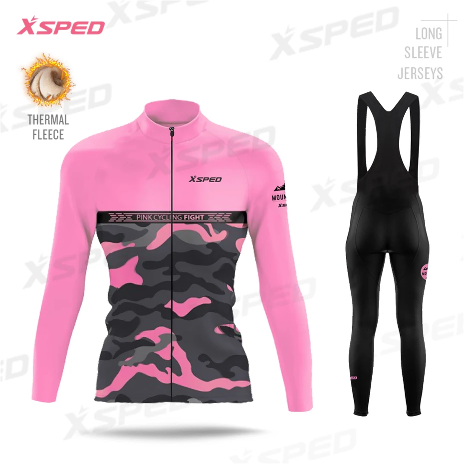 Bib Cycling Set Зимняя женская одежда для велоспорта, Термоодежда с длинным рукавом, комплект из Джерси, модный Камуфляжный дизайн, флисовая одежда для велоспорта, одежда для велоспорта, Mujer Maillot - Цвет: Bib Cycling Set