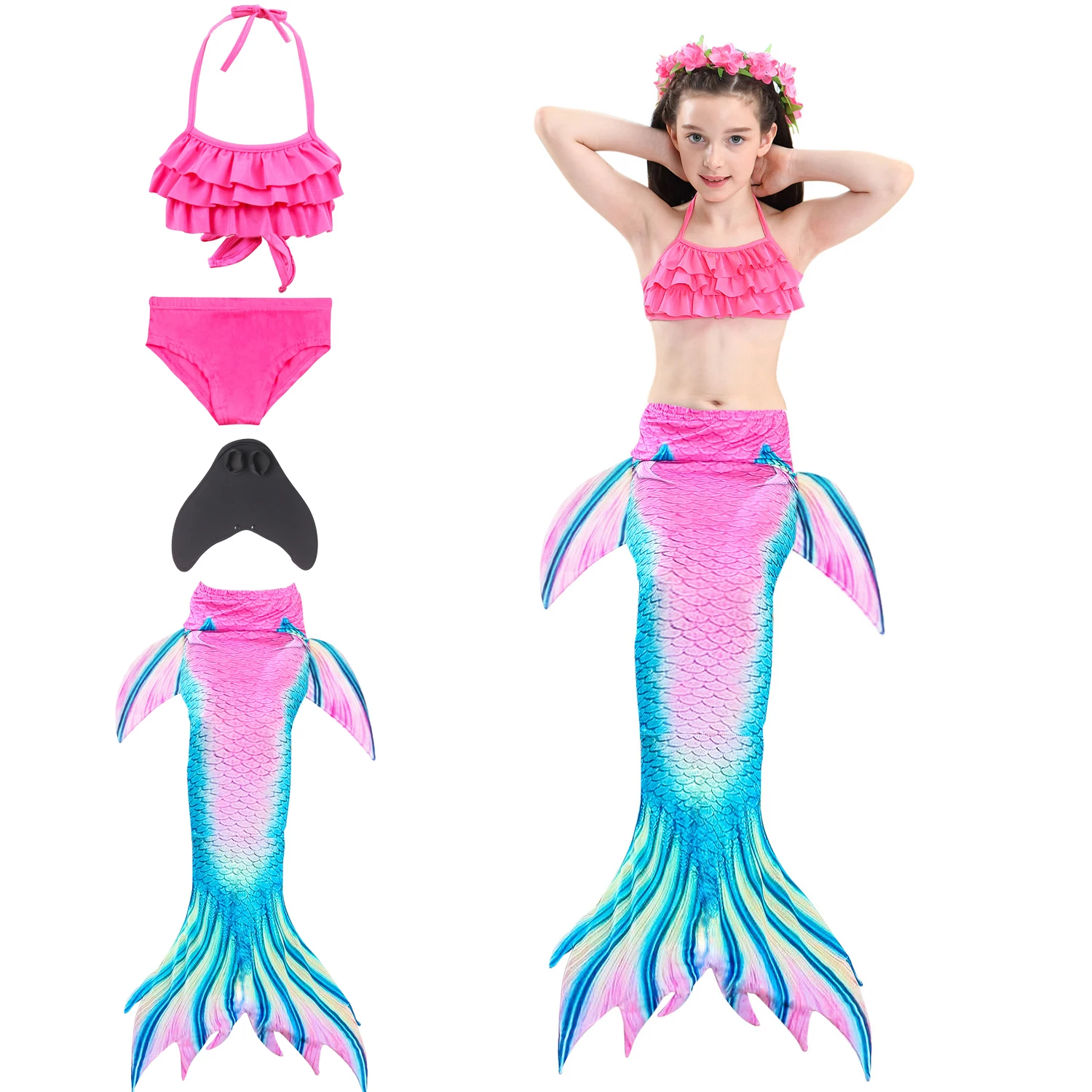 

2019 Little Mermaid Tails With Black Monofin Ariel for Swimming Cosplay Costume Girls Swimsuit Kids Children Swimmable Monofin