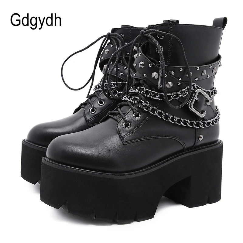 Ankle-Boots Chain Rivets Female Shoes Club High-Heel Black Gothic Women Sexy Gdgydh