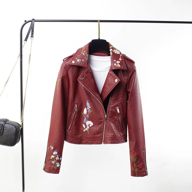 Wine red new women Korean version of the motorcycle clothing leather jacket short section ladies jacket embroidery pu leather - Цвет: Wine red