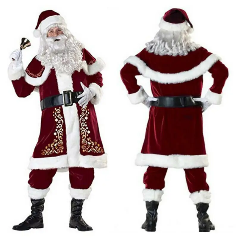 Костюмы Санта Клауса для косплея; бархатные комплекты из 8 предметов для мужчин; нарядное платье для рождественской вечеринки; комплекты для взрослых; Рождественская одежда для костюмированной вечеринки