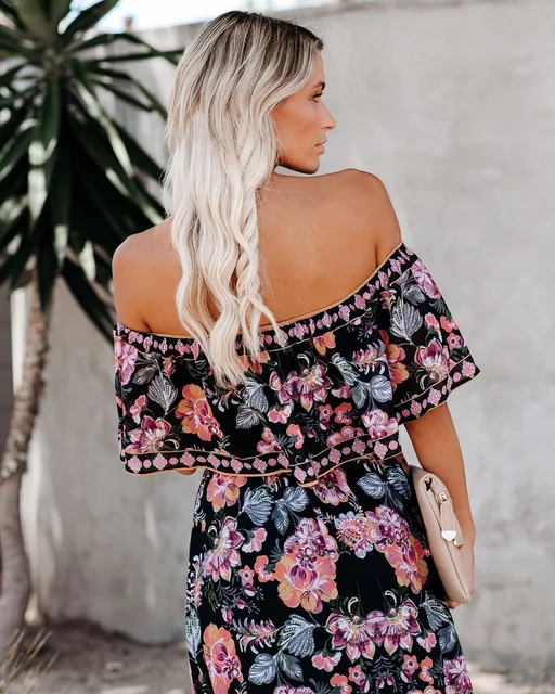 Floral Print Dress Slim Sexy Off The Shoulder Long Dress Irregular Female Streetwear 2021 New Dress Casual Autumn And Winter 5