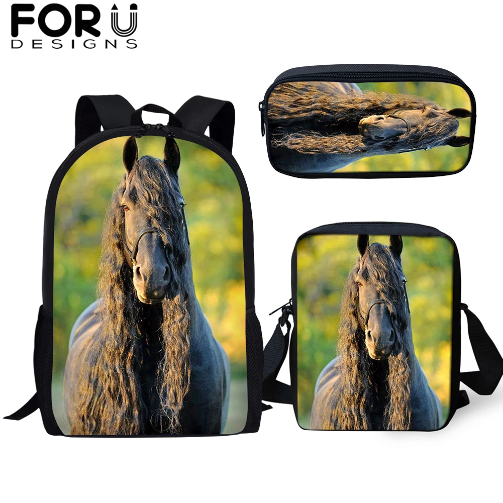 FORUDESIGNS/3 шт./компл. школьная сумка для мальчиков и для девочек-подростков; Friesian рюкзаки с рисунком лошади студент красивый вороной конь рюкзак для путешествий