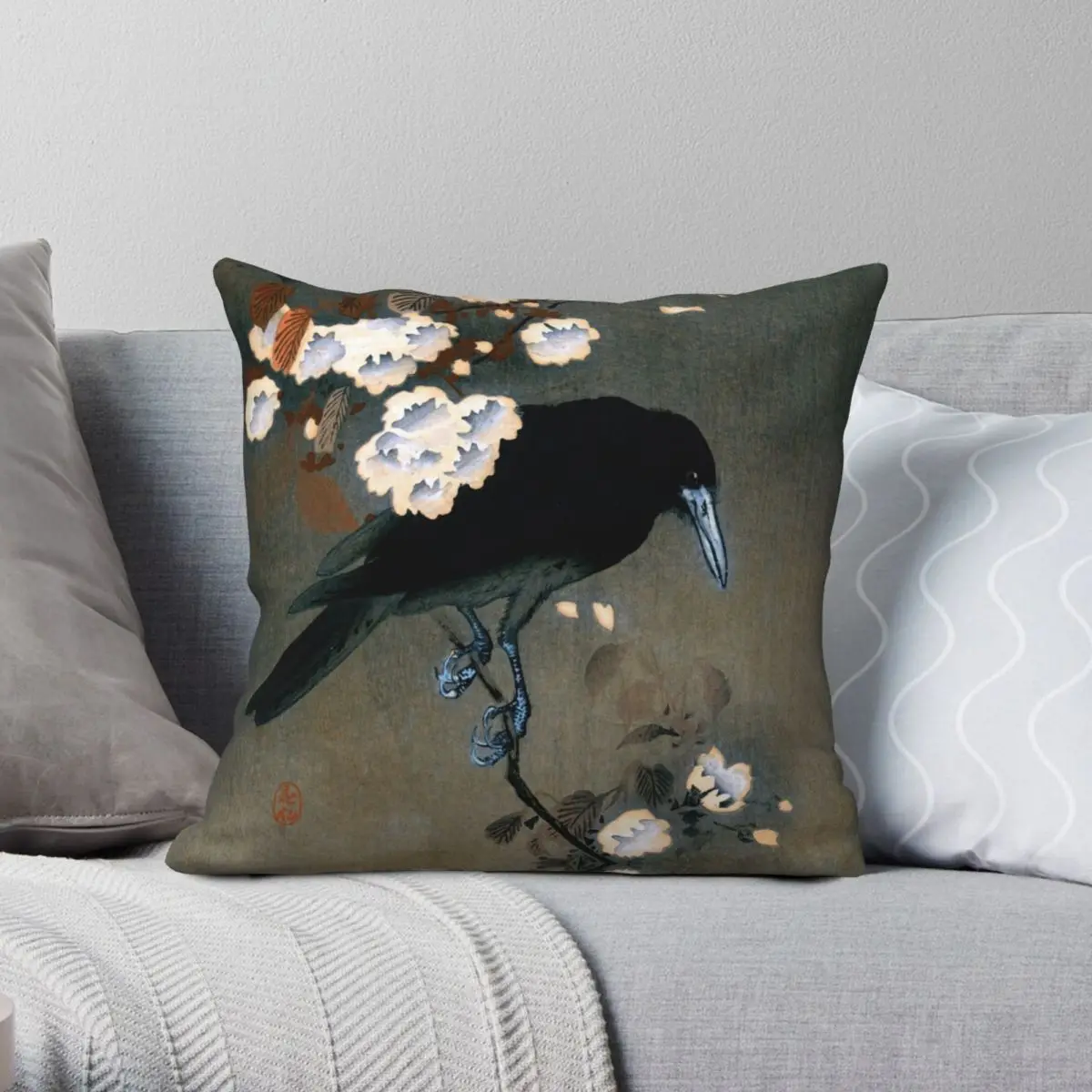 

Vintage Japanese Crow Blossom Woodblock Square Pillowcase Polyester Linen Velvet Creative Zip Decorative Throw Pillow Case Sofa