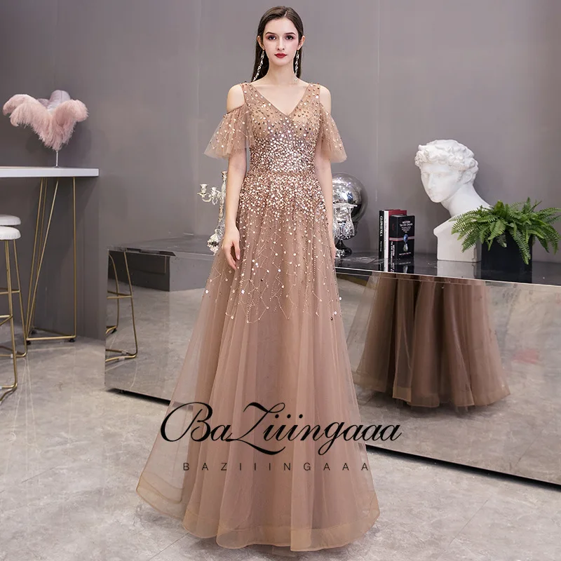 BAZIIINGAAA Luxurious Elegant Lace Beaded Evening Dress Sleeveless V-neck Backless Design Dresses Long Plus Size | Свадьбы и