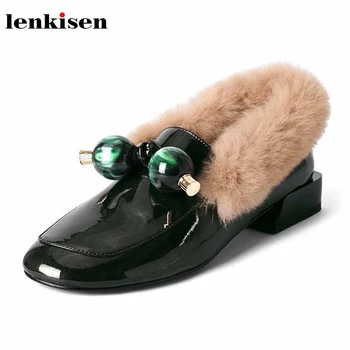 

Lenkisen rabbit fur fashion beading decorations leather shoes slip on med heels loafers fashion keep warm women cozy pumps L8f1
