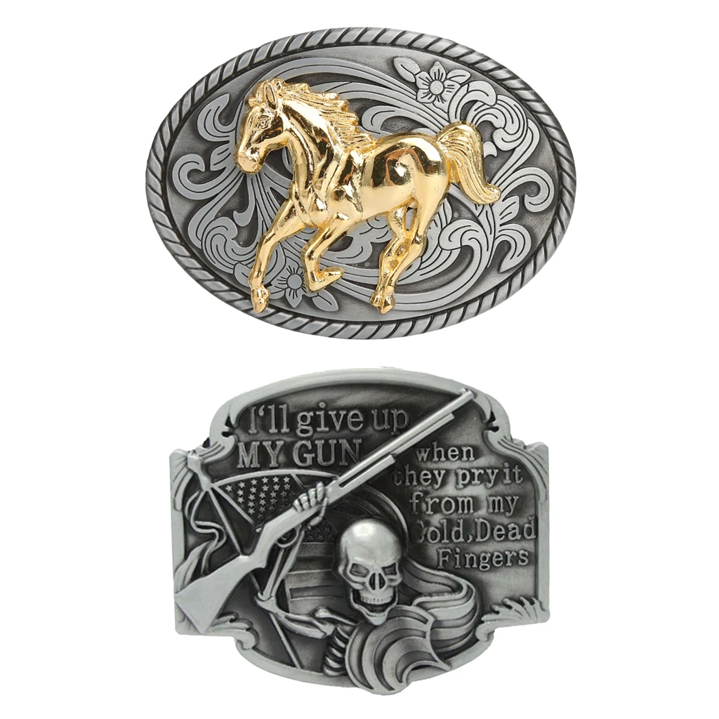 2Pcs Men's Belt Replacement Buckles - Vintage Hip Hop Belt Buckle Western Fits for Jeans Belt Trouser Belt - Skull & Horse