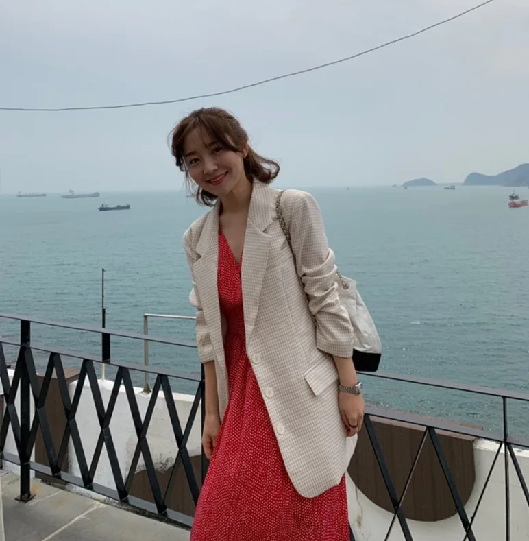 

South Korea Spring New Style Playful by Age Fold-down Collar Button down Loose Thin Plaid Suit Jacket