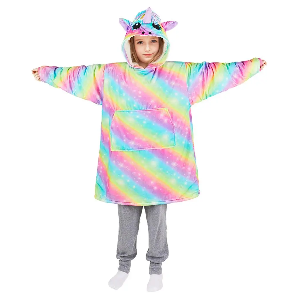 Unicorn Coral Fleece Casual Blanket With Sleeves Super Soft Warm Outdoor Pocket Hoodie Kids Winter Hooded Loose TV Blankets