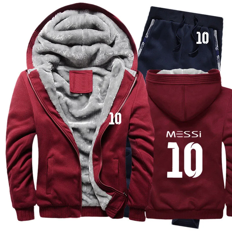 Мужские зимние толстовки с капюшоном Messi 10, мужские толстовки с принтом, костюм, плотный теплый флисовый хлопковый спортивный костюм на молнии, мужская куртка+ штаны, комплекты из 2 предметов
