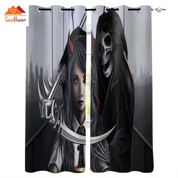 

Halloween Schoolgirl Scythe Grim Reaper Skull Black Window Curtains Living Room Outdoor Fabric Drapes Curtain Home Decor