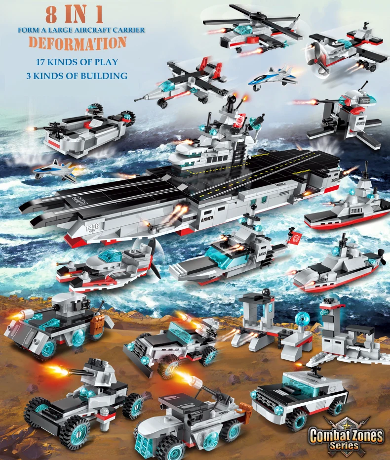  ENLIGHTEN 643Pcs LegoINGS Military Army Airplane Destroyer Aircraft Carrier Weapon Model Building B