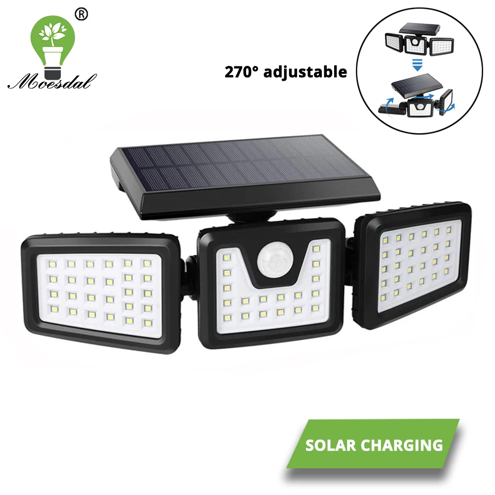 Solar Lights Outdoor Wireless LED Solar Motion Sensor Lights 3 Adjustable Heads 270 Degree Wide Angle Security LED Flood Light