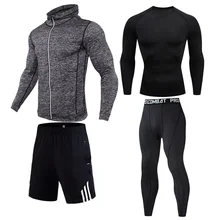 Термобелье для спортзала, комплект из 4 предметов, мужская спортивная одежда, длинная футболка, спортивные мужские шорты, леггинсы, спортивная толстовка, сжатая сушка