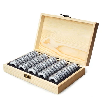 

Adjustable Wooden Coins Collection Storage Box Home Simple Commemorative Container Wooden Display with 50Pcs Round Boxes