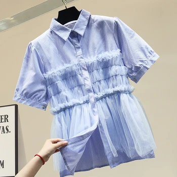 

Gauze Stripe Shirt Female Vintage Blue Stripe Blouse Summer Short Sleeve Blouses Tops Female Top Blusas Mujer De Moda 2020