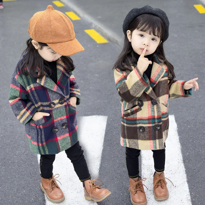 

2018 Autumn & Winter Girls Woolen Overcoat Children Woolen Mid-length Large Grid Coat Baby Winter
