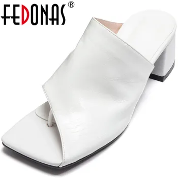 

FEDONAS Elegant Genuine Leather Female Slippers 2020 New Arrival Concise High Heels Sandals Women Basic Party Shoes Woman Heels