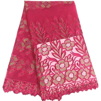 

Latest hot sale golden-fushia red color with stones for party dress FC115 Free shipping and cheap price French Lace Fabric