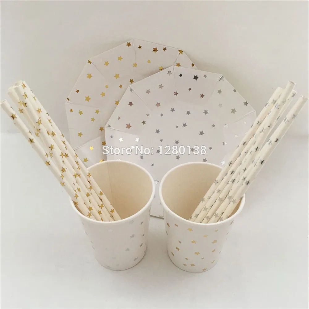 Tableware set Silver& gold Star Paper Hexagon Plates Ice Cream Party Paper Cups Straws for Decorations