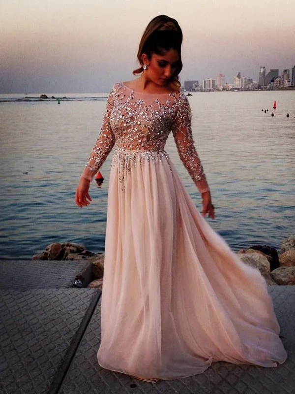 

Real Gorgeous Crystal Beaded Prom Dresses Sheer Scoop Neck Long Sleeves A-line Floor-length Chiffon Evening Gowns Pageant Dress