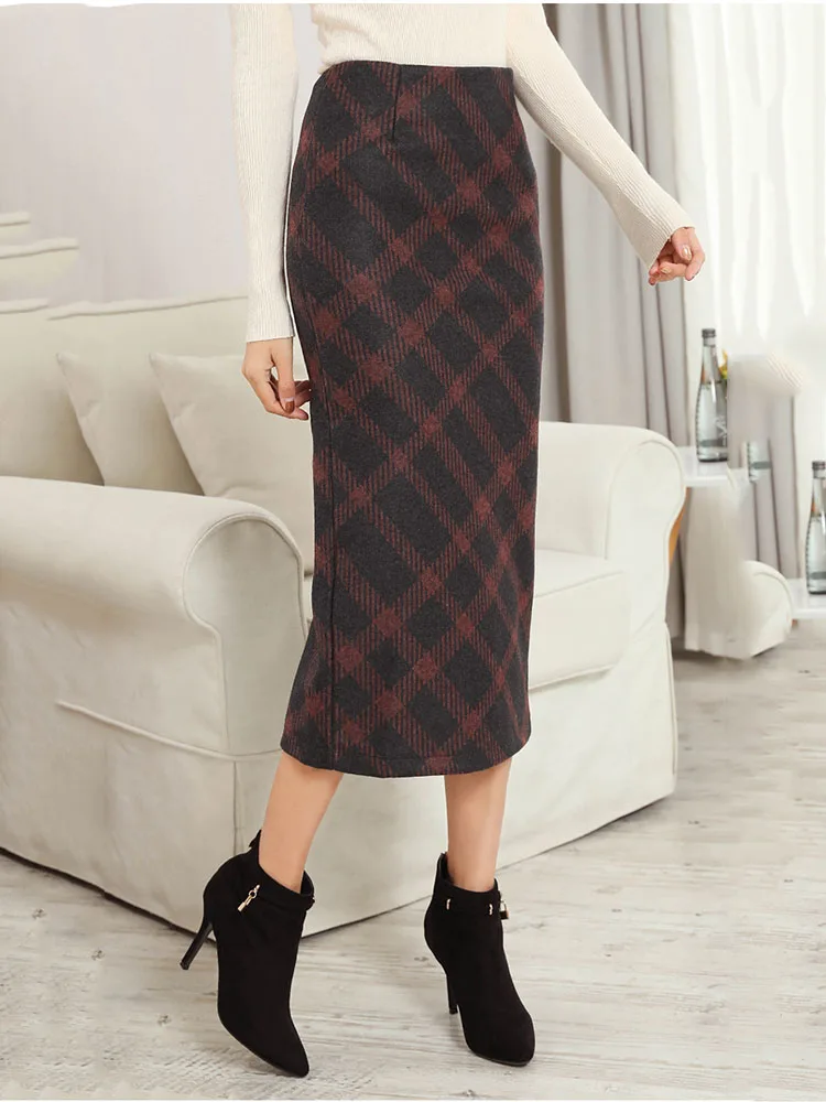 

Autumn Winter Elegant Vintage Split Mid Wool Skirt 2020 Plaid Thicken Hip Pencil Skirt For Women Faldas Mujer