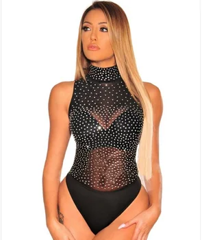 

DUOJIAOYAN Sequins high elastic jumpsuit Shiny rhinestone sexy lingerie Perspective slim tights diamond black jumpsuit