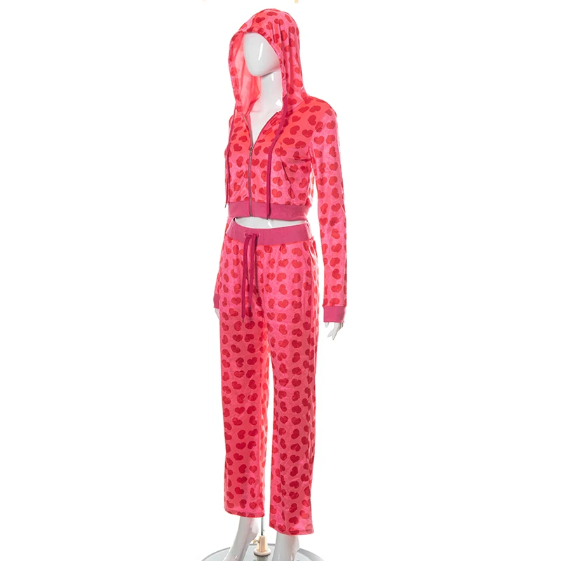 ladies coat pant suit INGOO Hot Girl 2 Pieces Set Y2K Love Printed Cardigan Hooded Sweater Lace-up Trousers Street Women Tracksuit Casual Outfits Suit tweed two piece set