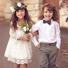 Knee Length Lace Beige Flower Girls Dresses A Line Flared Full sleeves Junior Wedding Party Bridesmaid Dress Square Neckline