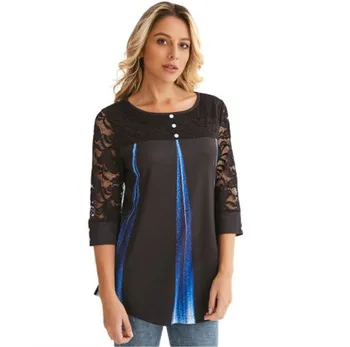 

Womens Spring New Designer Lace Tshirts Long Sleeve Crew Neck Floral Print Female Summer Clothing Casual Apparel