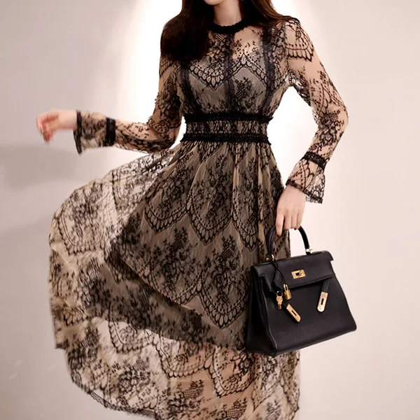 2020 Spring Elegant Sexy Women Vintage Lace Long Sleeve O-Neck Robe Femme OL High Waist Casual Slim Party Dresses 6