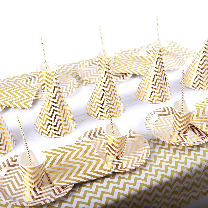 

Hot Stamping Wave Stripe Birthday Hat Popcorn Box Party Supplies Paper Plate Cups Disposable Tableware Banner Wedding Decoration