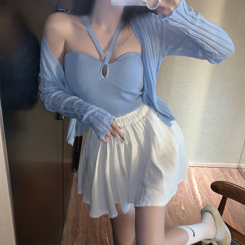 

Two Pieces Knitted Clothing Women V-Neck Sweaters Cardigans Lady Soft Thin Summer Sweater Shirts Crop Tops for Female