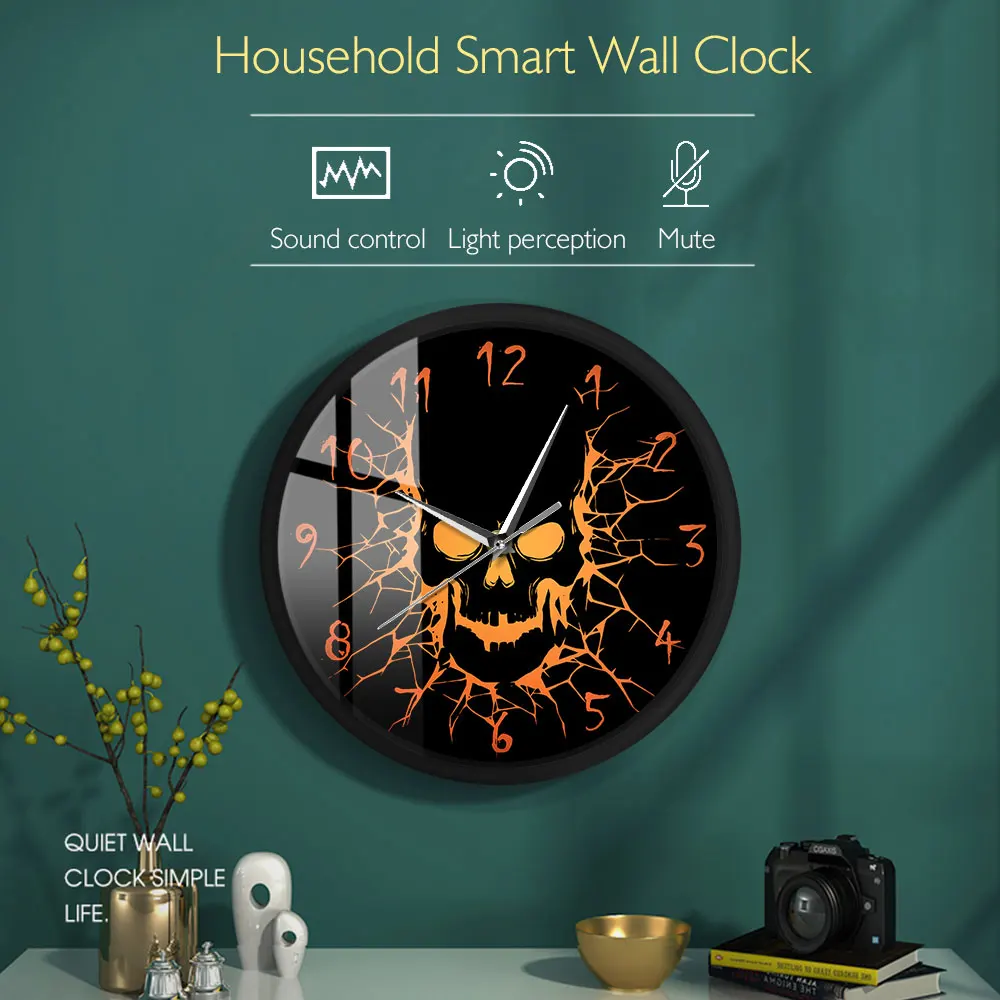 Skull with Crack Hole Metal Frame LED Wall Clock Sound Control Non Ticking Gothic Birth of a Demon Clocks Halloween Home Decor garden clock