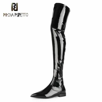 

Prova Perfetto Winter Boots Women Genuine Leather Pointed Toe Zipper-Sid Flat Shoes Plush Black Party Over-knee Motorcycle Boots