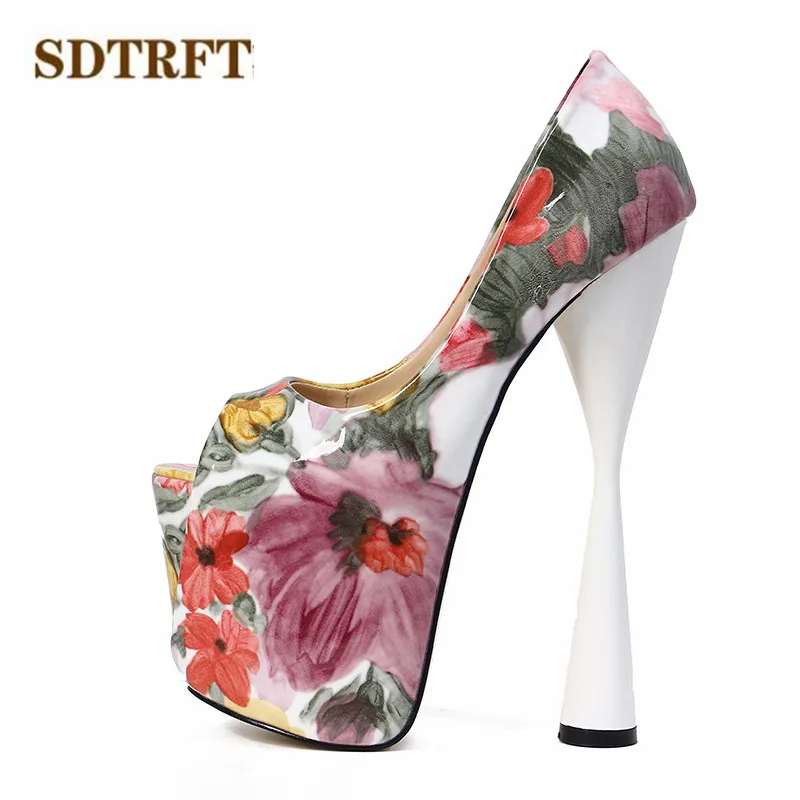 SDTRFT/розовые свадебные туфли-лодочки Дамская обувь женские вечерние туфли на очень высоком толстом каблуке 19 см, с открытым носком, на шпильке, с цветочным принтом, US15 16 17 18 19