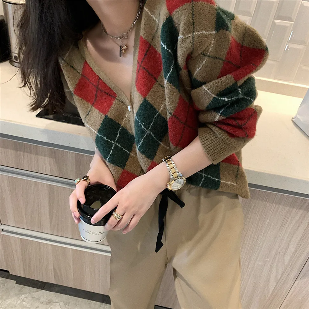 2021 autumn winter new women's sweater loose V-neck diamond knitted cardigan Green Vintage sweater coat кардиган женский сетка long cardigan Sweaters