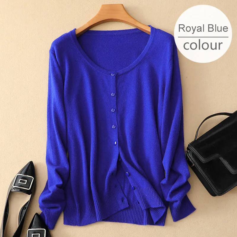 O-neck Blue Осень шерстяной женский Кардиган кашемировый вязаный тонкий черный с круглым вырезом кардиганы на пуговицах для женщин длинный рукав тонкий свитер оверсайз - Цвет: O-neck Blue