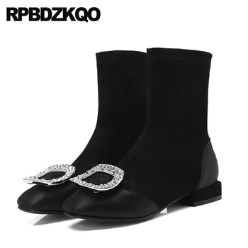 

boots black fur ankle luxury brand shoes women diamond rhinestone crystal autumn satin short square toe suede 2019 vintage fall
