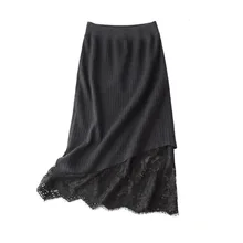 Женская Зимняя шерстяная вязанная длинная юбка плиссированная однотонная эластичная талия офисная Дамская трапециевидная черная серая Женская вязаная юбка