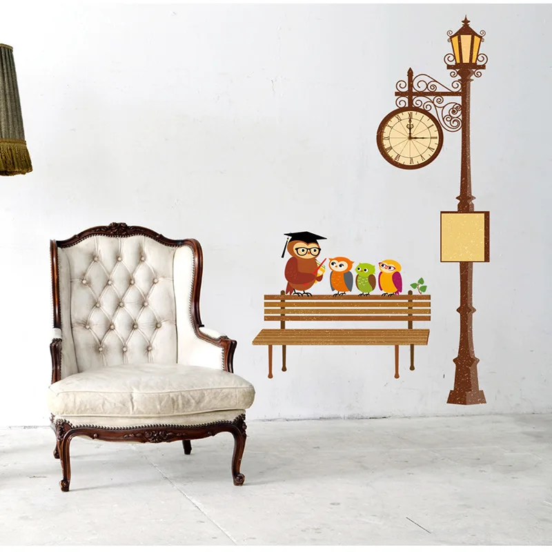 

JM7319 Owl Street Lamp Clock Wall Stickers Library Bedroom Living Room Wall Decorative Sticker