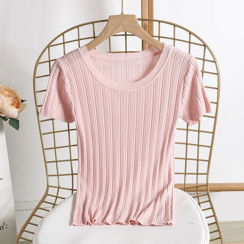 

GGRIGHT Ice silk Summer knitted Pullover Women O-Neck Sweater Shirt Female All-match Basic Short Sleeve Tops Clothing 2019