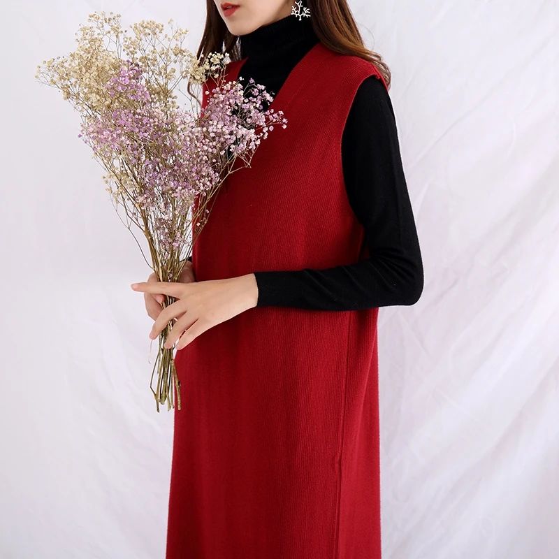 Коллекция весна-осень года, Кашемировое шерстяное платье, приталенное и расклешенное однотонное платье без рукавов, средней длины, с v-образным вырезом, Повседневное платье, натуральное