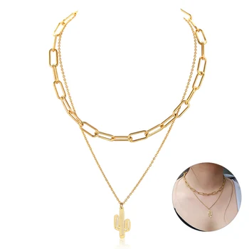 

Fashion Women Girls Double Layered Choker Necklace Gold Color Stainless Steel Rectangle Rolo Link Chain Cactus Pendant DN204