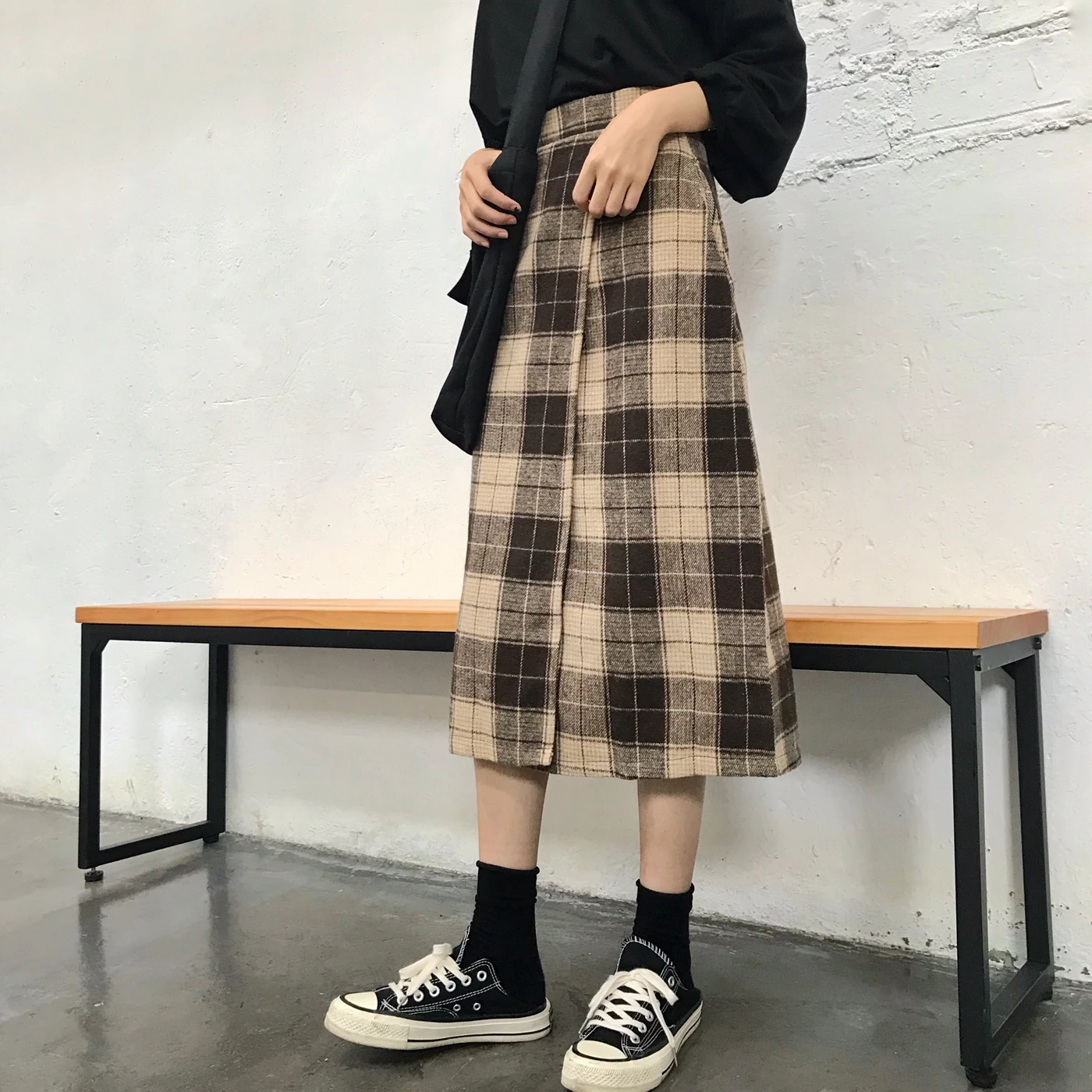 plaid Осень Зима Новая женская модная шерстяная клетчатая юбка длинная трапециевидная юбка миди - Цвет: plaid
