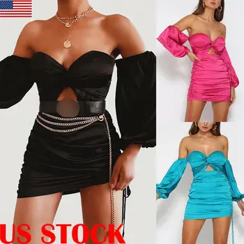 

Sexy Women Off Shoulder Solid Backless Puff Sleeve Clubwear Casual Party Dress
