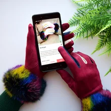 Модные зимние перчатки, перчатки с сенсорным экраном, цветные меховые женские варежки из искусственной замши, толстые теплые зимние перчатки, рождественские подарки