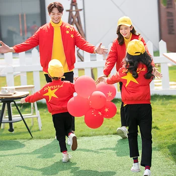 

2020 Spring Five Star Chinese National Flag Design Family Matching Clothes Mother Son Coat Jackets Father Baby Girls Shirts Pant