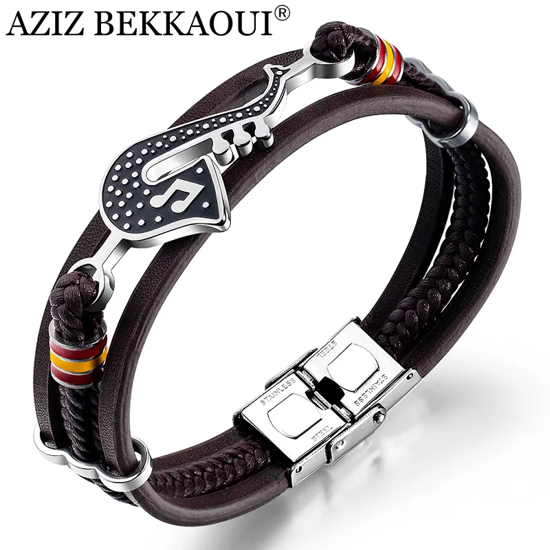 

AZIZ BEKKAOUI Engrave Name Stainless Steel Saxophone Leather Bracelet Music Fans Gift Customized Logo Bracelets for Men Dropship