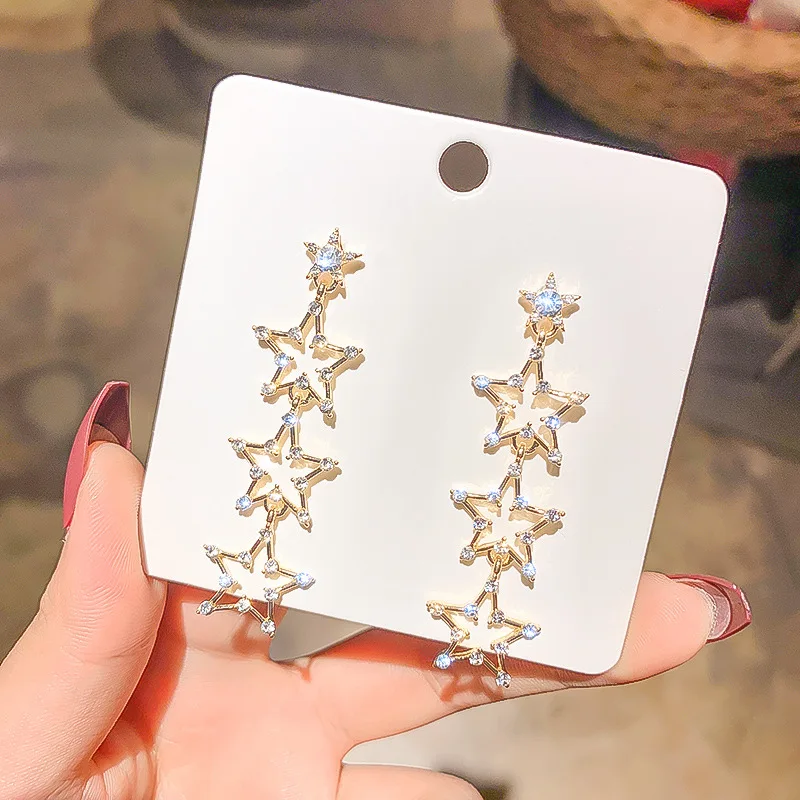 

Real Gold Electroplated 925 Silver Diamond Set Star Earrings Women's Super Shiny Elegant Long Earrings Europe And America Exagge